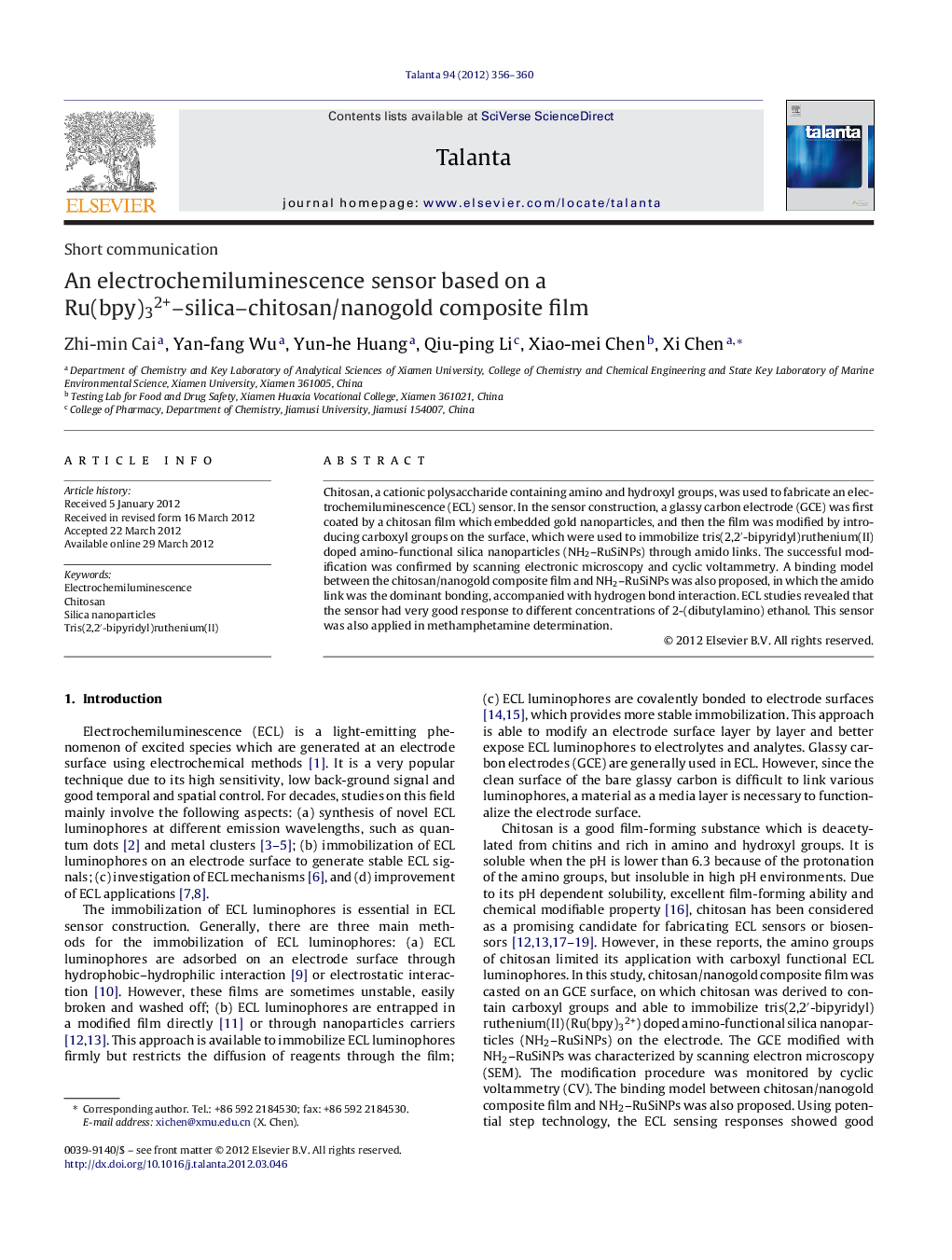 An electrochemiluminescence sensor based on a Ru(bpy)32+–silica–chitosan/nanogold composite film