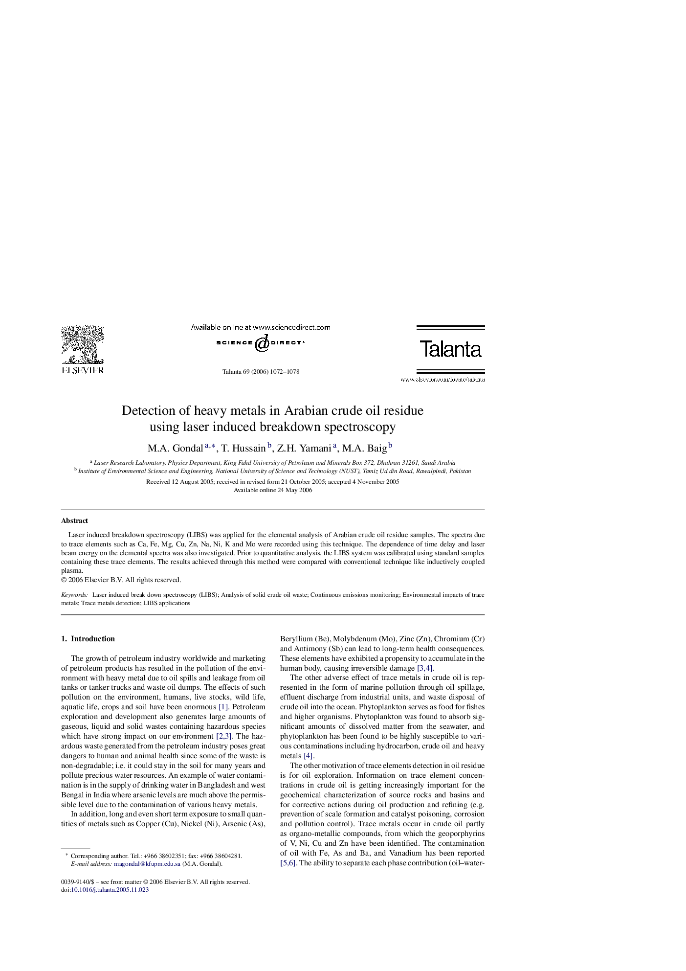 Detection of heavy metals in Arabian crude oil residue using laser induced breakdown spectroscopy