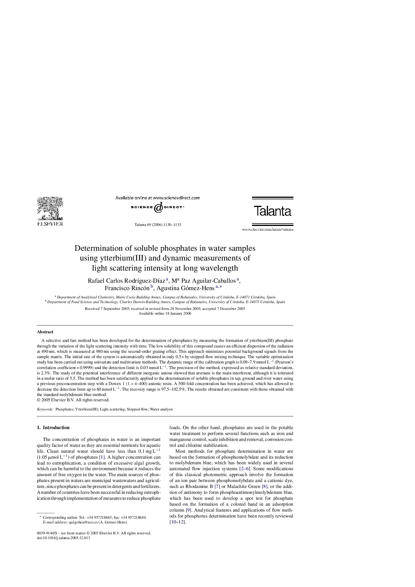 Determination of soluble phosphates in water samples using ytterbium(III) and dynamic measurements of light scattering intensity at long wavelength