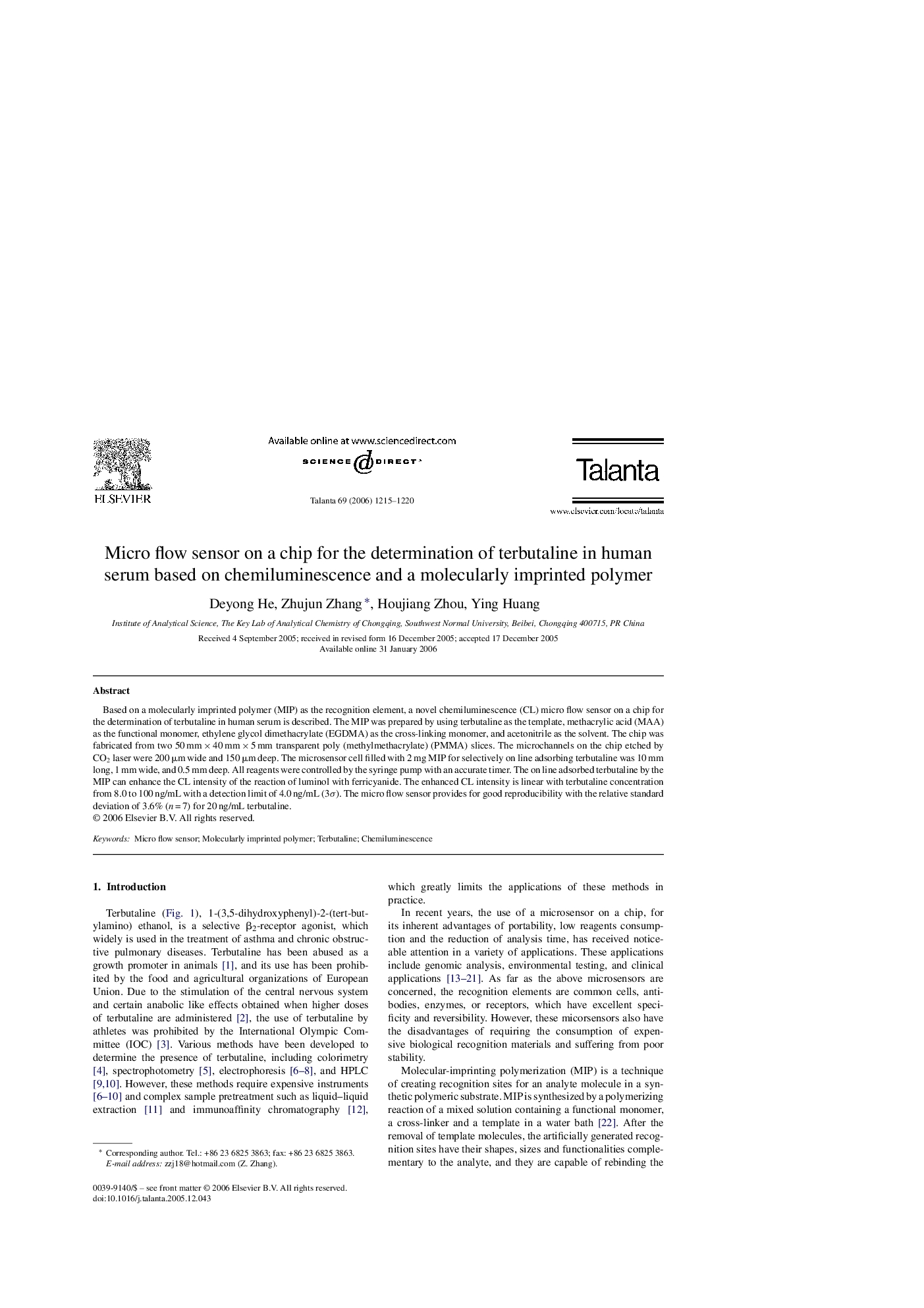 Micro flow sensor on a chip for the determination of terbutaline in human serum based on chemiluminescence and a molecularly imprinted polymer