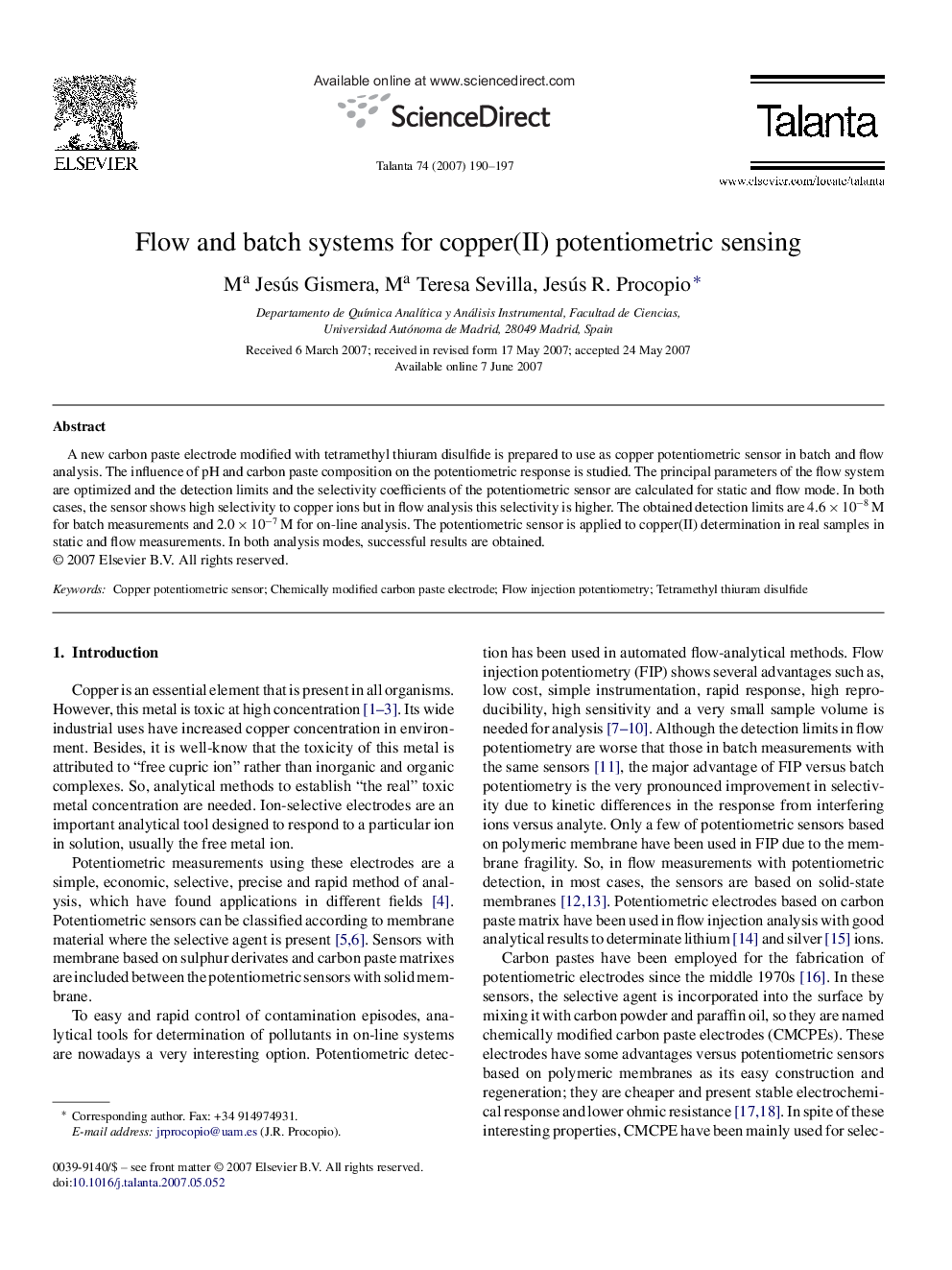 Flow and batch systems for copper(II) potentiometric sensing