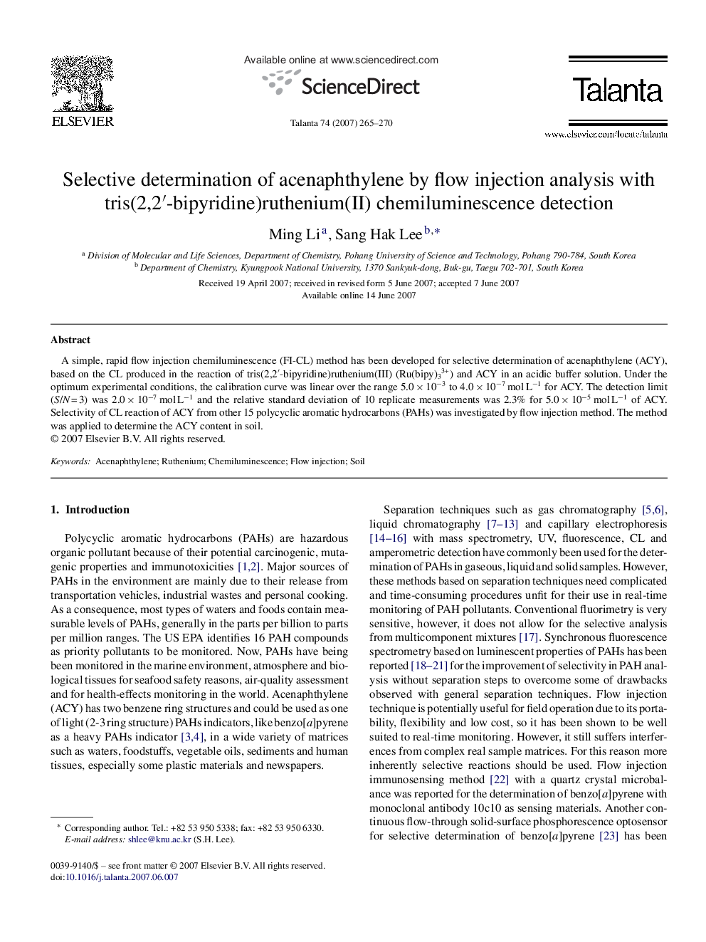 Selective determination of acenaphthylene by flow injection analysis with tris(2,2′-bipyridine)ruthenium(II) chemiluminescence detection