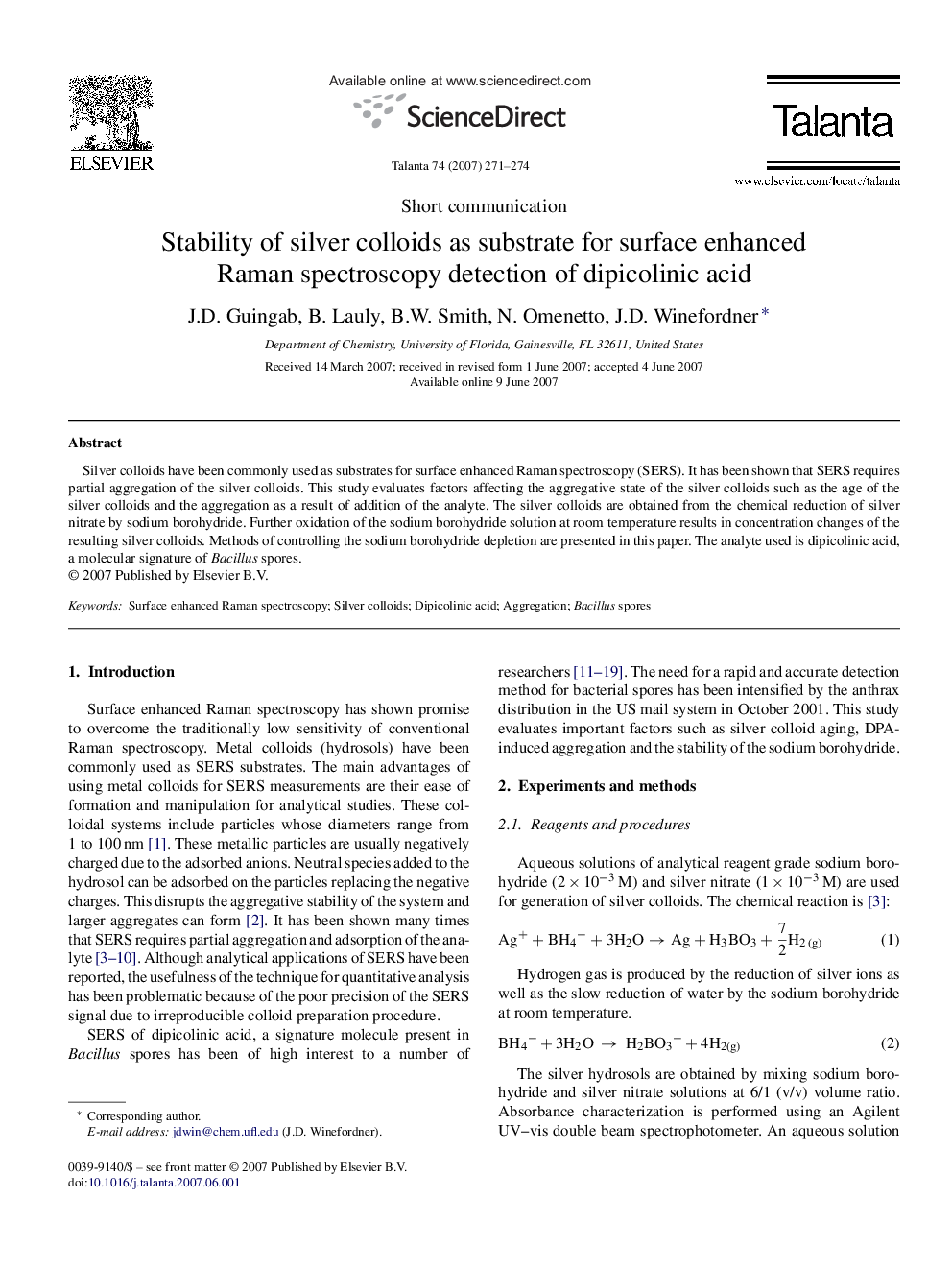 Stability of silver colloids as substrate for surface enhanced Raman spectroscopy detection of dipicolinic acid