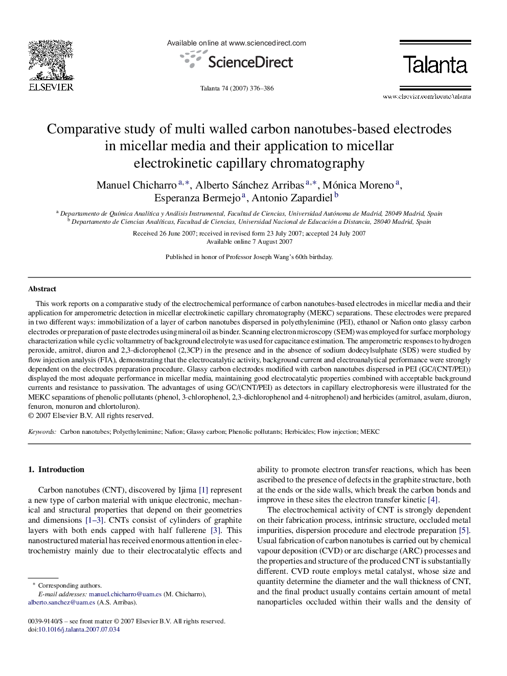 Comparative study of multi walled carbon nanotubes-based electrodes in micellar media and their application to micellar electrokinetic capillary chromatography