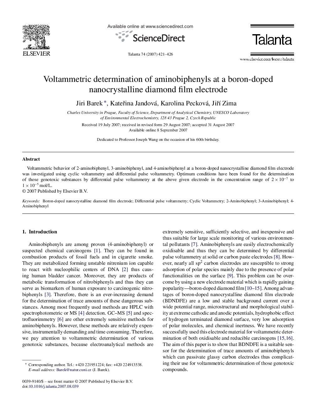 Voltammetric determination of aminobiphenyls at a boron-doped nanocrystalline diamond film electrode