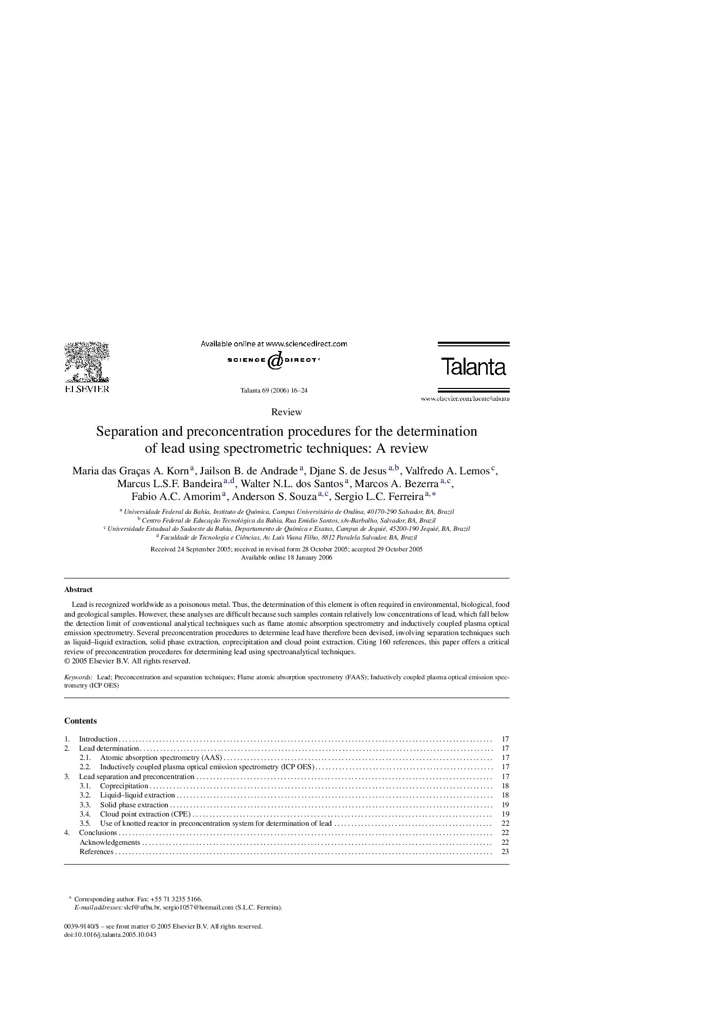 Separation and preconcentration procedures for the determination of lead using spectrometric techniques: A review