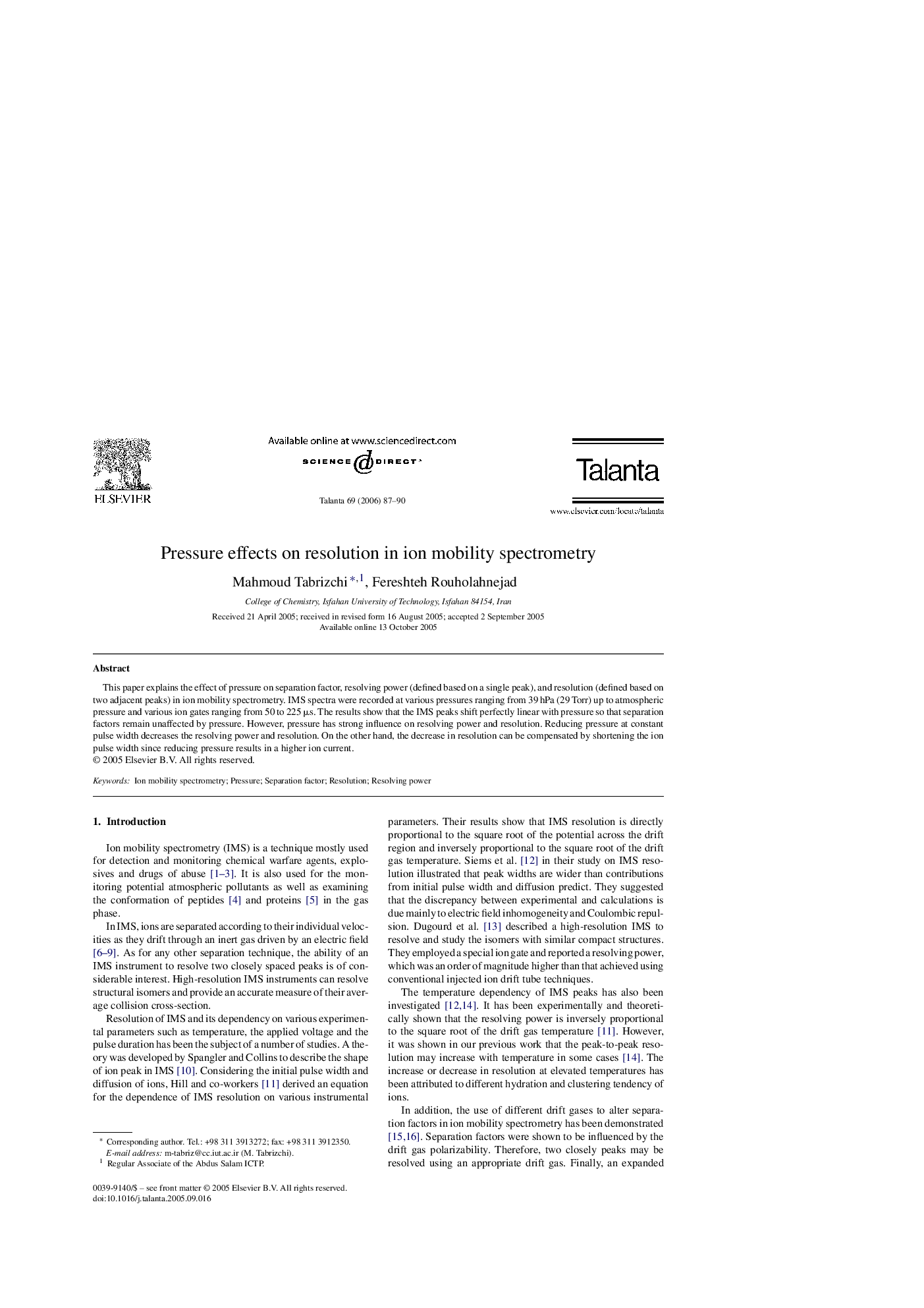 Pressure effects on resolution in ion mobility spectrometry