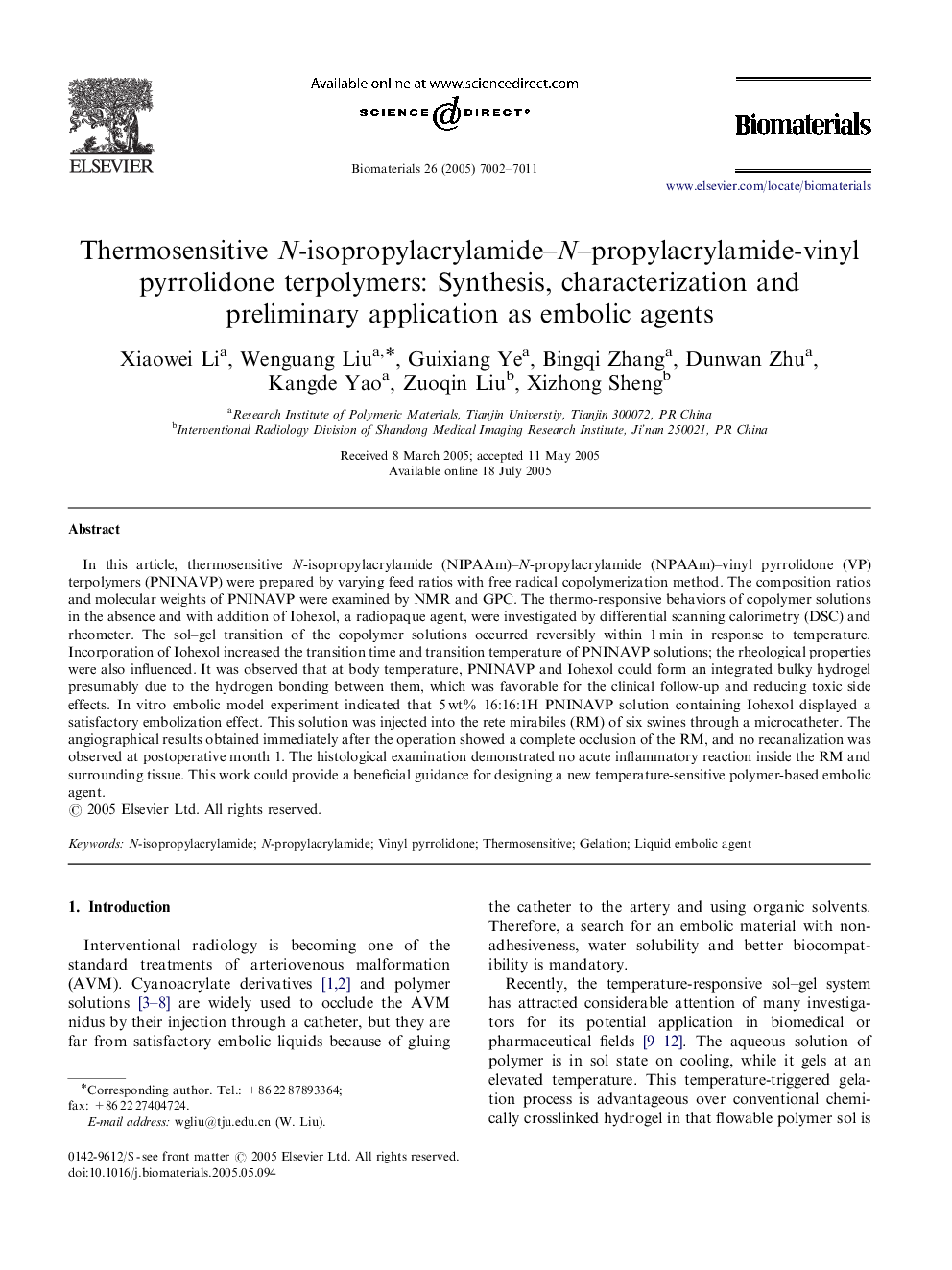 Thermosensitive N-isopropylacrylamide–N–propylacrylamide-vinyl pyrrolidone terpolymers: Synthesis, characterization and preliminary application as embolic agents