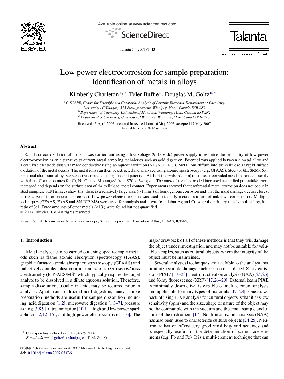 Low power electrocorrosion for sample preparation: Identification of metals in alloys