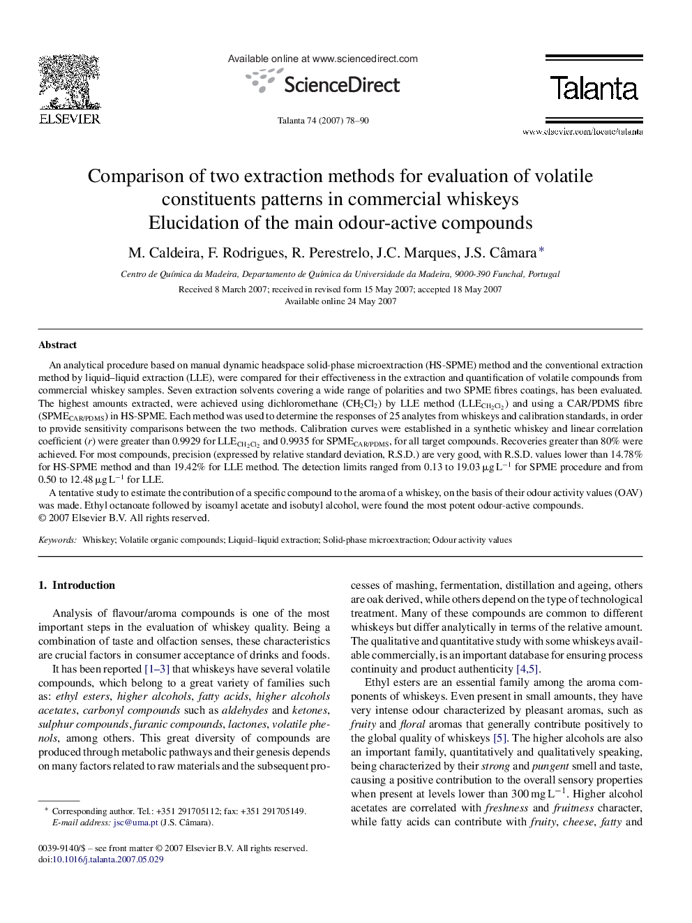 Comparison of two extraction methods for evaluation of volatile constituents patterns in commercial whiskeys: Elucidation of the main odour-active compounds