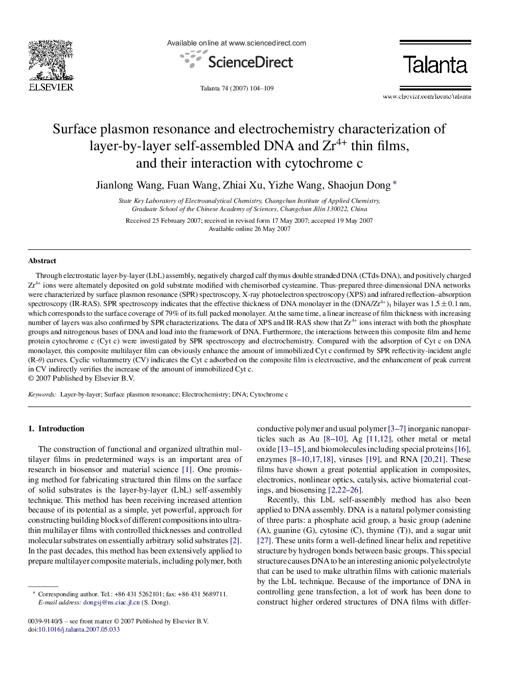 Surface plasmon resonance and electrochemistry characterization of layer-by-layer self-assembled DNA and Zr4+ thin films, and their interaction with cytochrome c