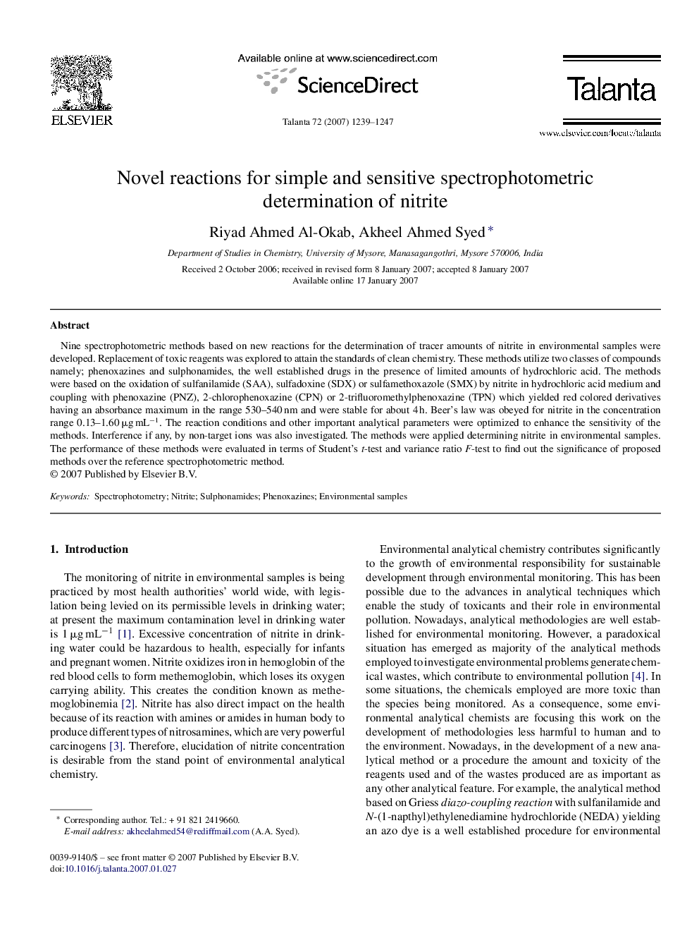 Novel reactions for simple and sensitive spectrophotometric determination of nitrite