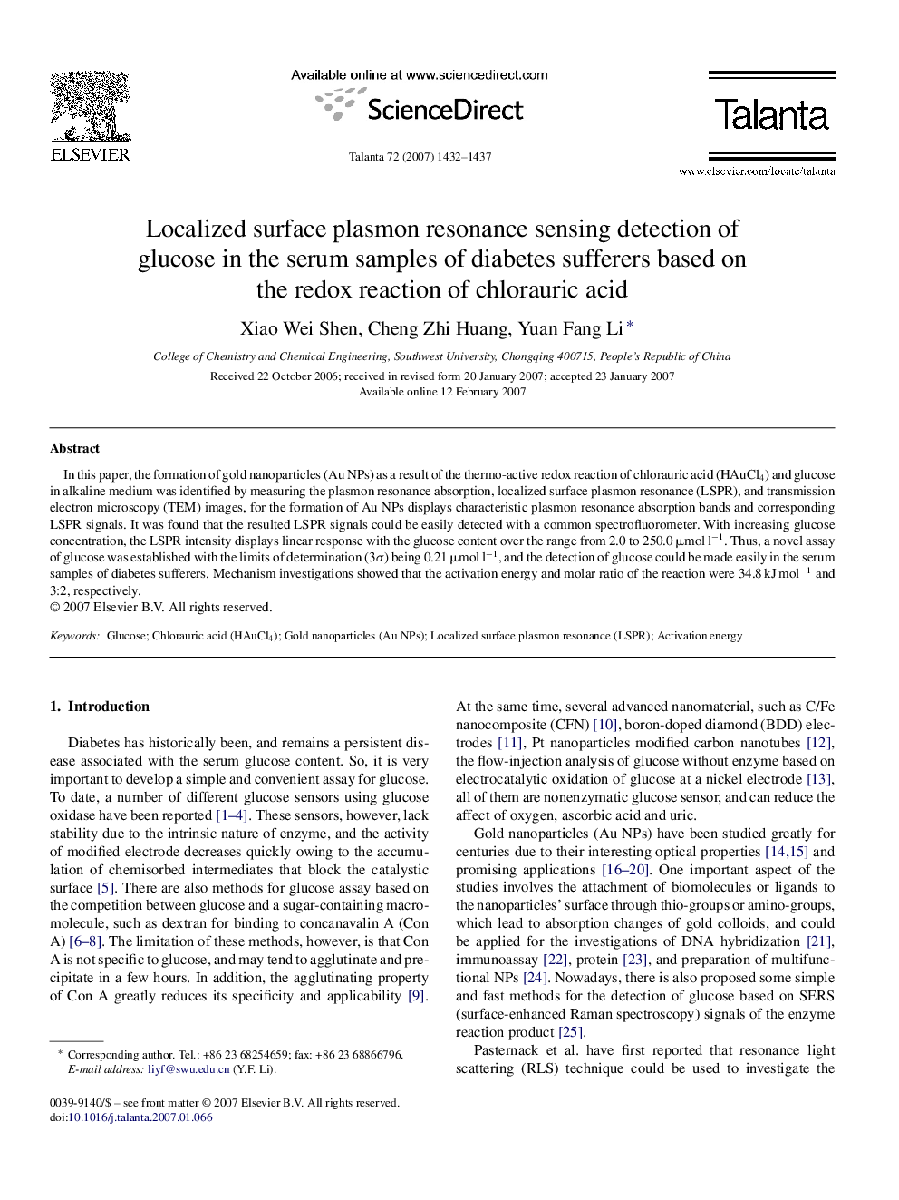 Localized surface plasmon resonance sensing detection of glucose in the serum samples of diabetes sufferers based on the redox reaction of chlorauric acid