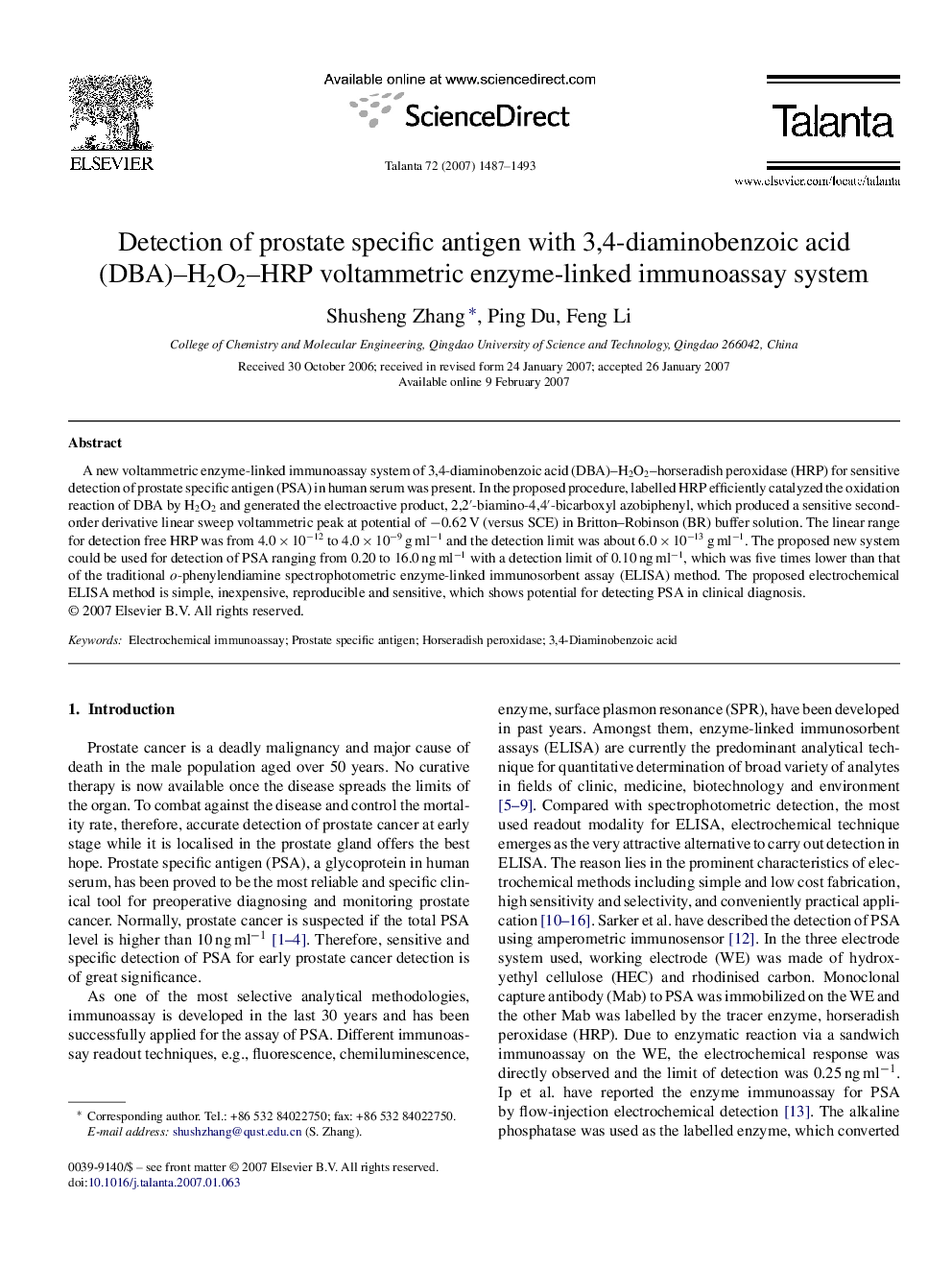 Detection of prostate specific antigen with 3,4-diaminobenzoic acid (DBA)–H2O2–HRP voltammetric enzyme-linked immunoassay system