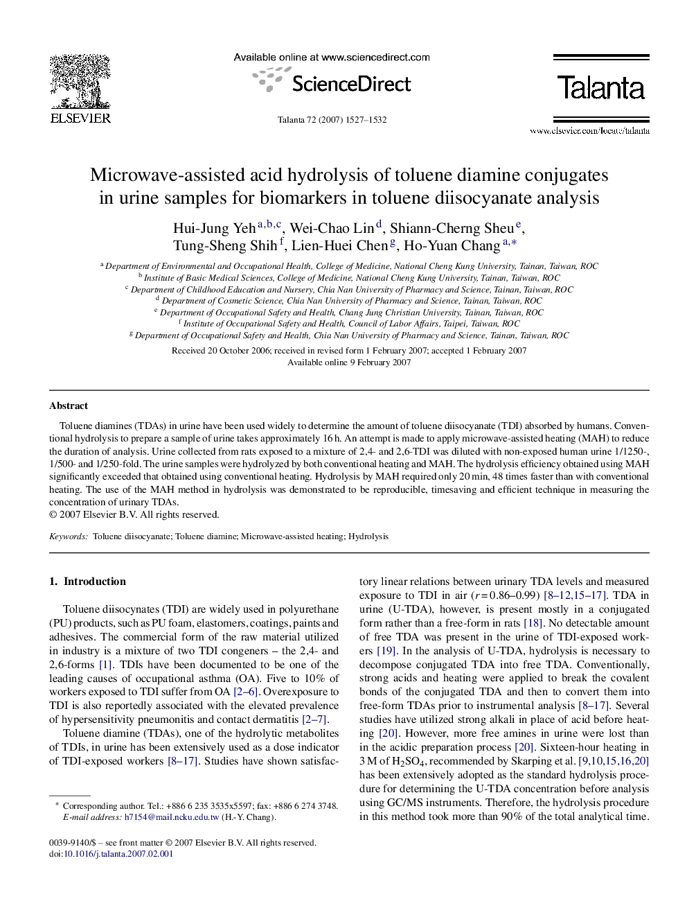 Microwave-assisted acid hydrolysis of toluene diamine conjugates in urine samples for biomarkers in toluene diisocyanate analysis