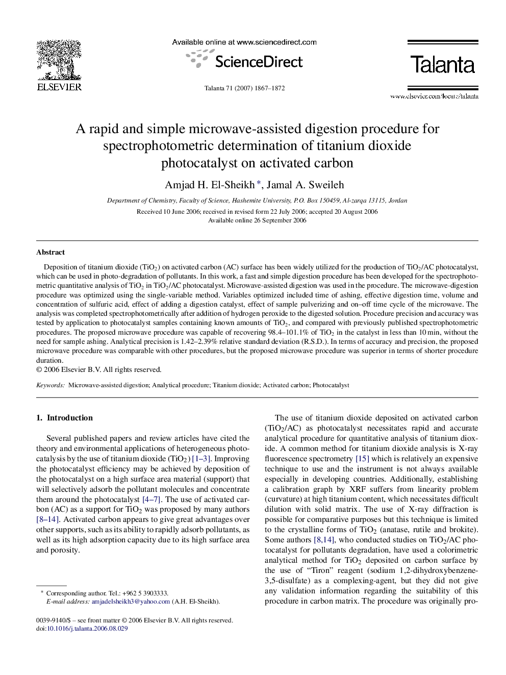 A rapid and simple microwave-assisted digestion procedure for spectrophotometric determination of titanium dioxide photocatalyst on activated carbon