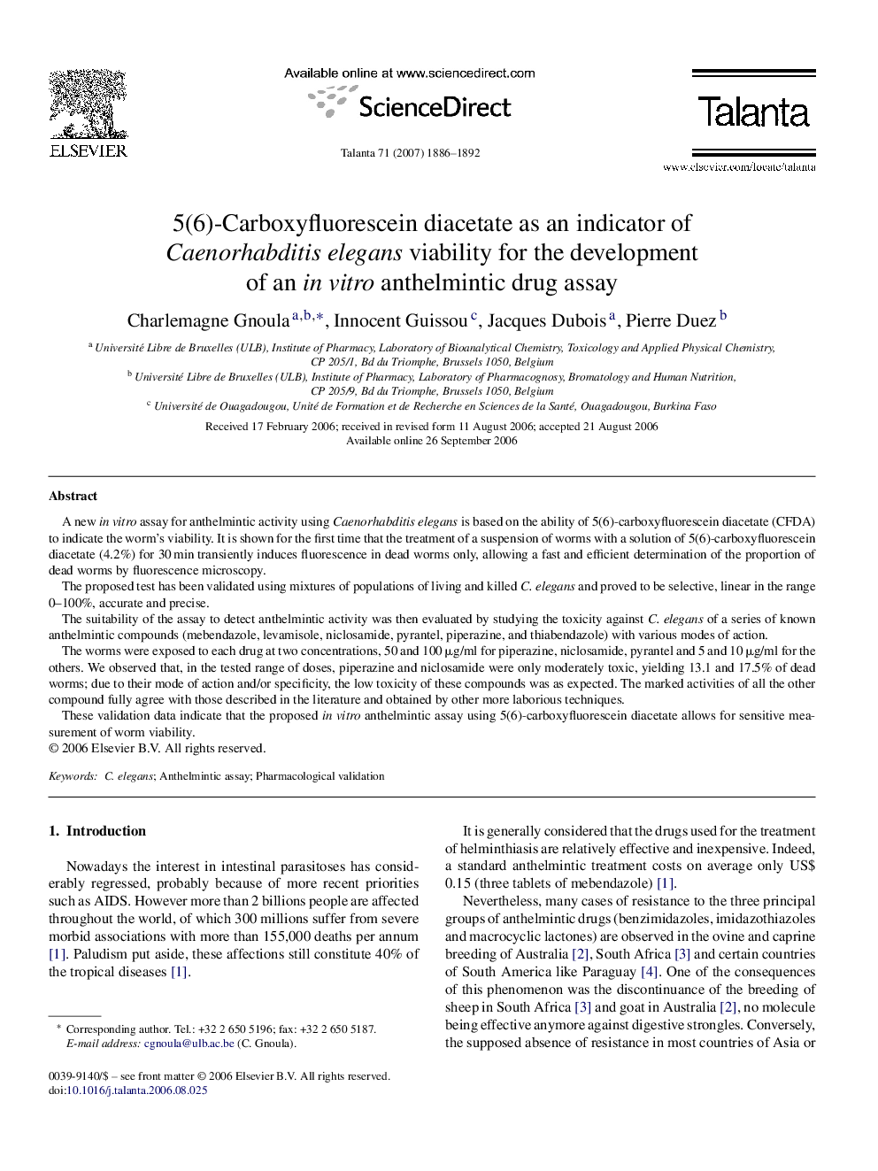 5(6)-Carboxyfluorescein diacetate as an indicator of Caenorhabditis elegans viability for the development of an in vitro anthelmintic drug assay