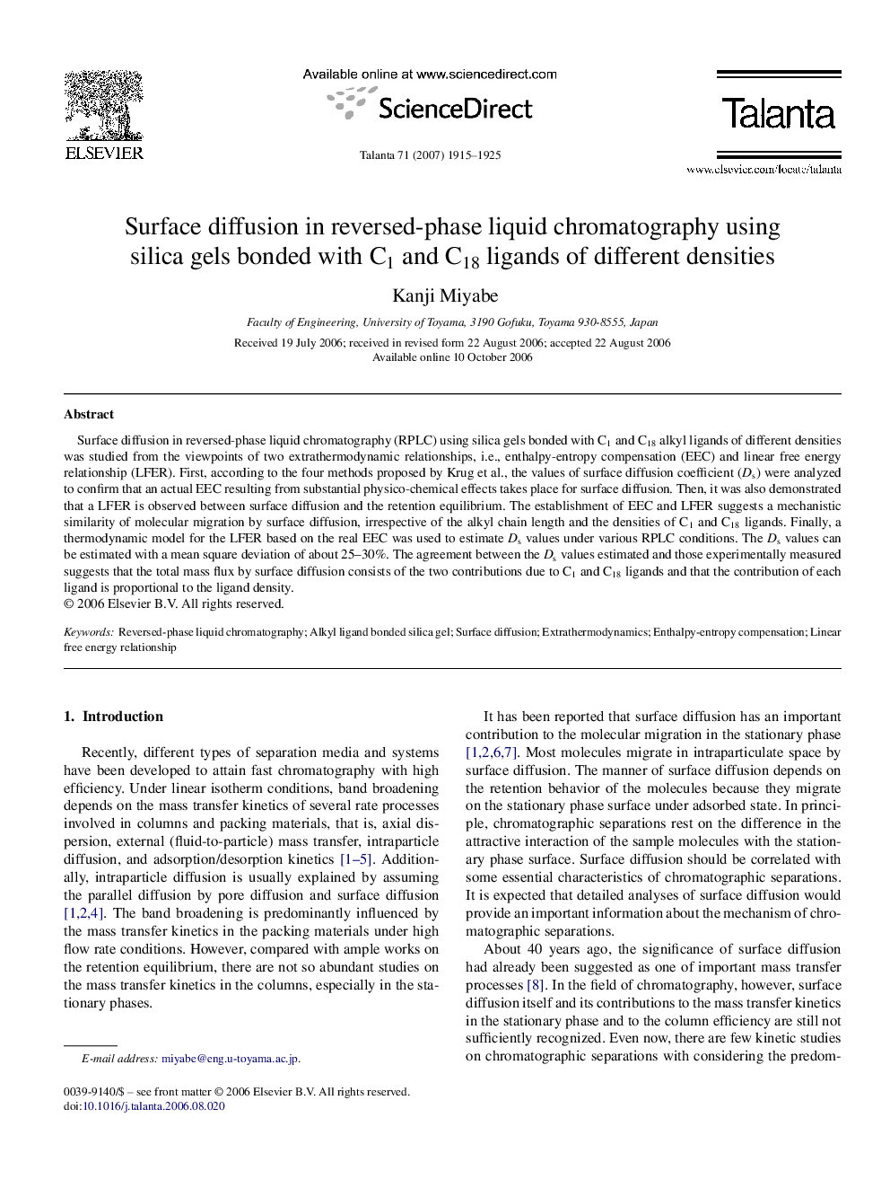 Surface diffusion in reversed-phase liquid chromatography using silica gels bonded with C1 and C18 ligands of different densities