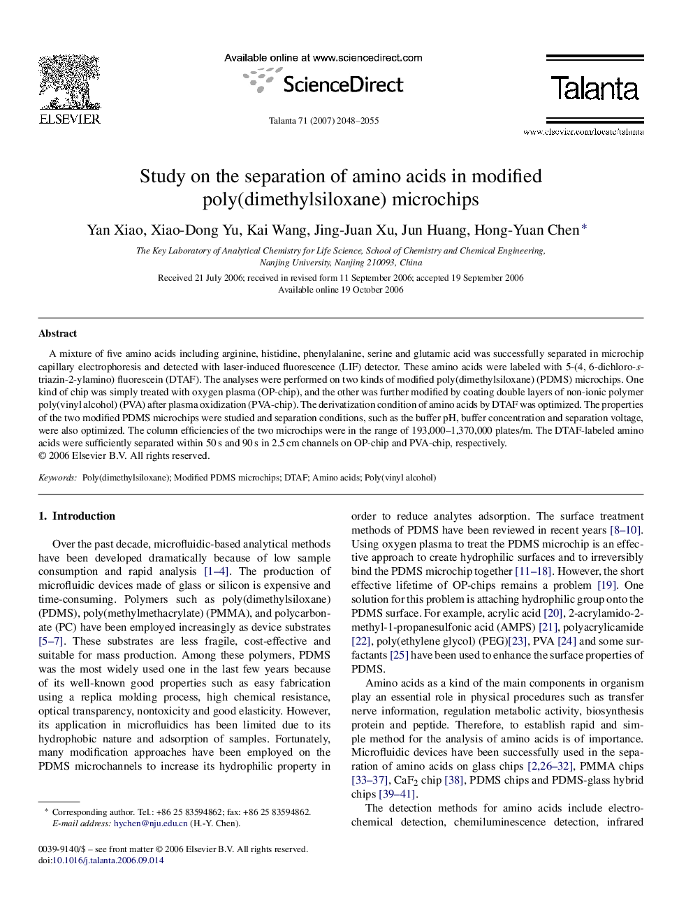 Study on the separation of amino acids in modified poly(dimethylsiloxane) microchips