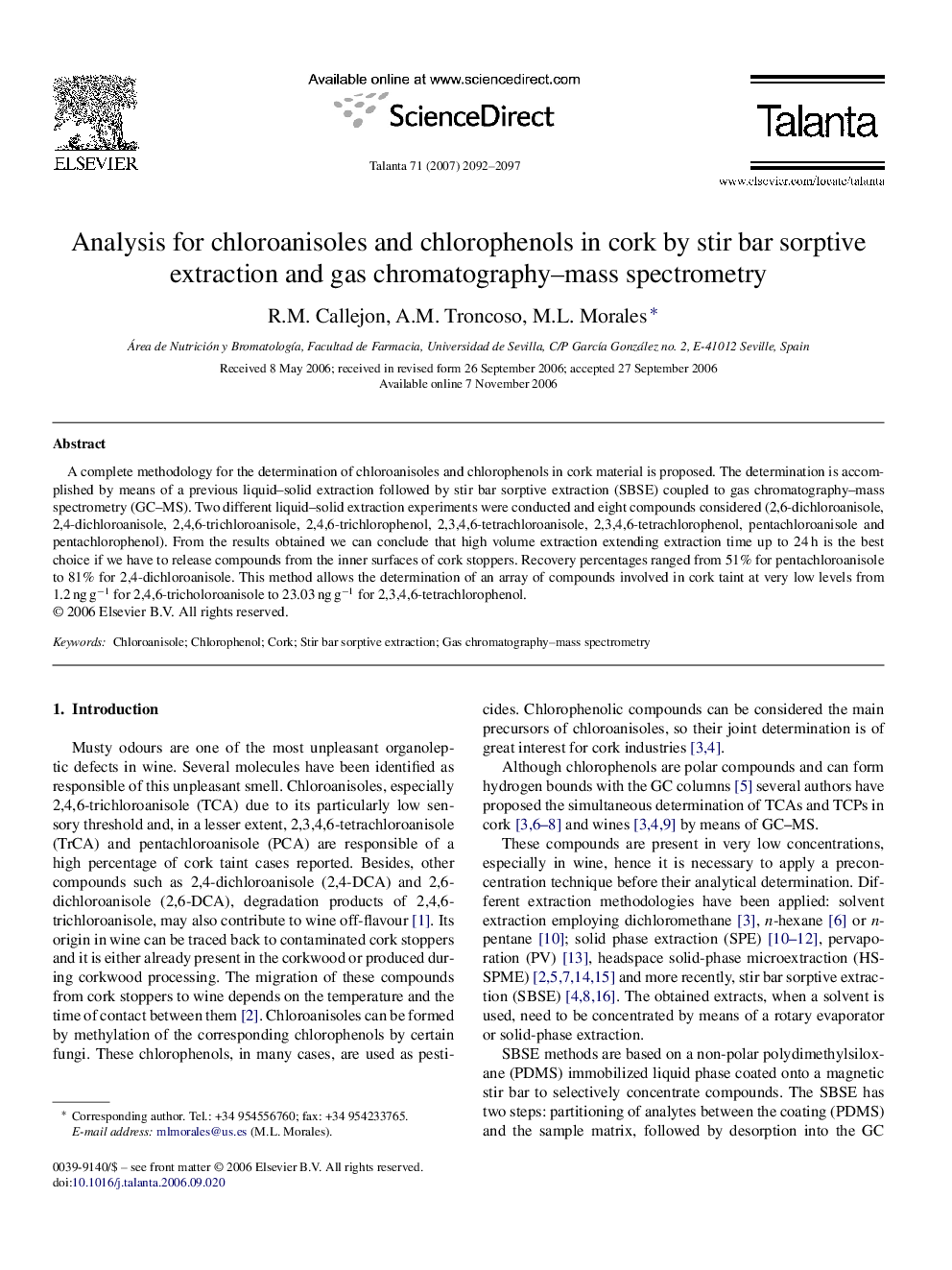 Analysis for chloroanisoles and chlorophenols in cork by stir bar sorptive extraction and gas chromatography-mass spectrometry