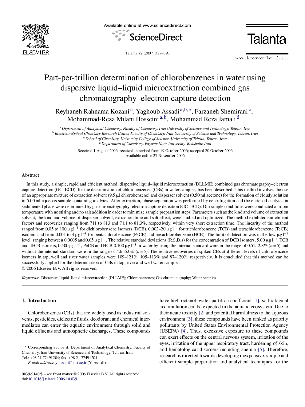 Part-per-trillion determination of chlorobenzenes in water using dispersive liquid–liquid microextraction combined gas chromatography–electron capture detection