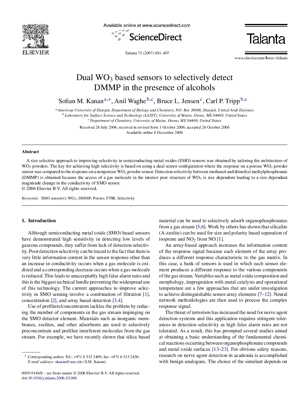 Dual WO3 based sensors to selectively detect DMMP in the presence of alcohols