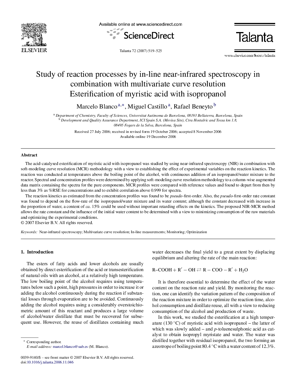 Study of reaction processes by in-line near-infrared spectroscopy in combination with multivariate curve resolution: Esterification of myristic acid with isopropanol