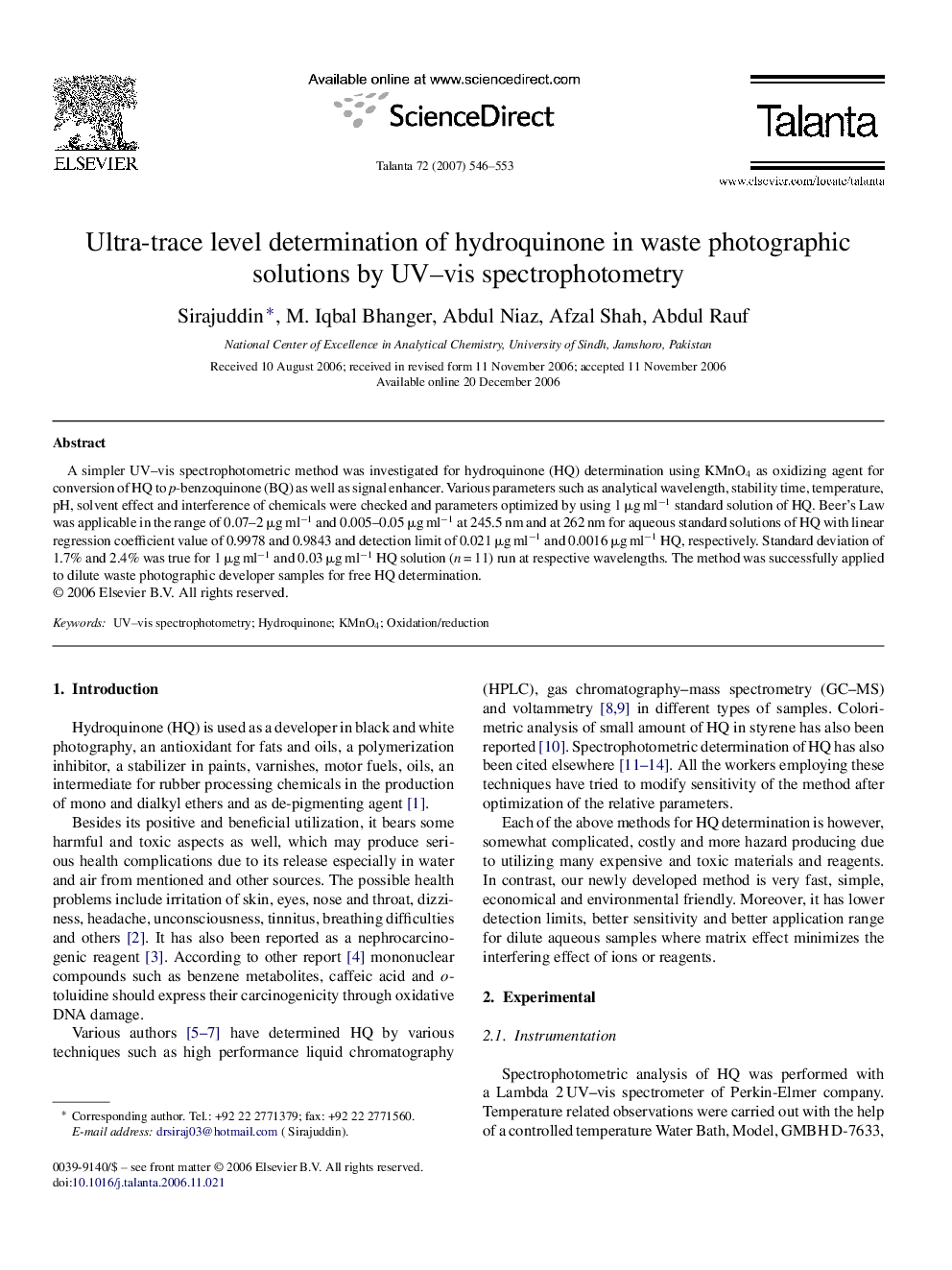 Ultra-trace level determination of hydroquinone in waste photographic solutions by UV–vis spectrophotometry