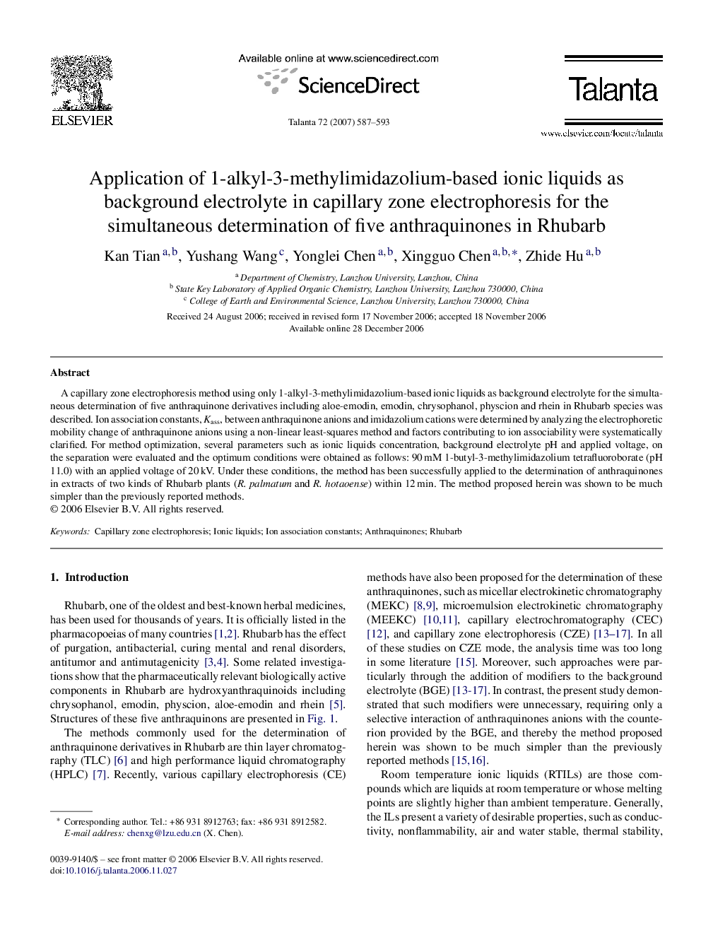 Application of 1-alkyl-3-methylimidazolium-based ionic liquids as background electrolyte in capillary zone electrophoresis for the simultaneous determination of five anthraquinones in Rhubarb