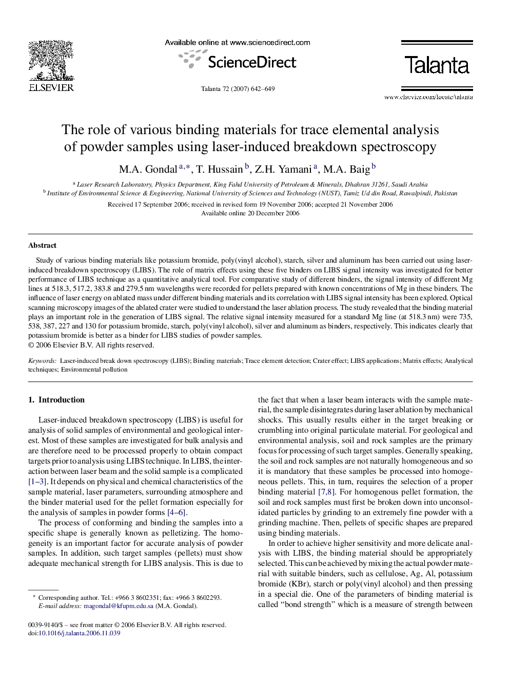 The role of various binding materials for trace elemental analysis of powder samples using laser-induced breakdown spectroscopy