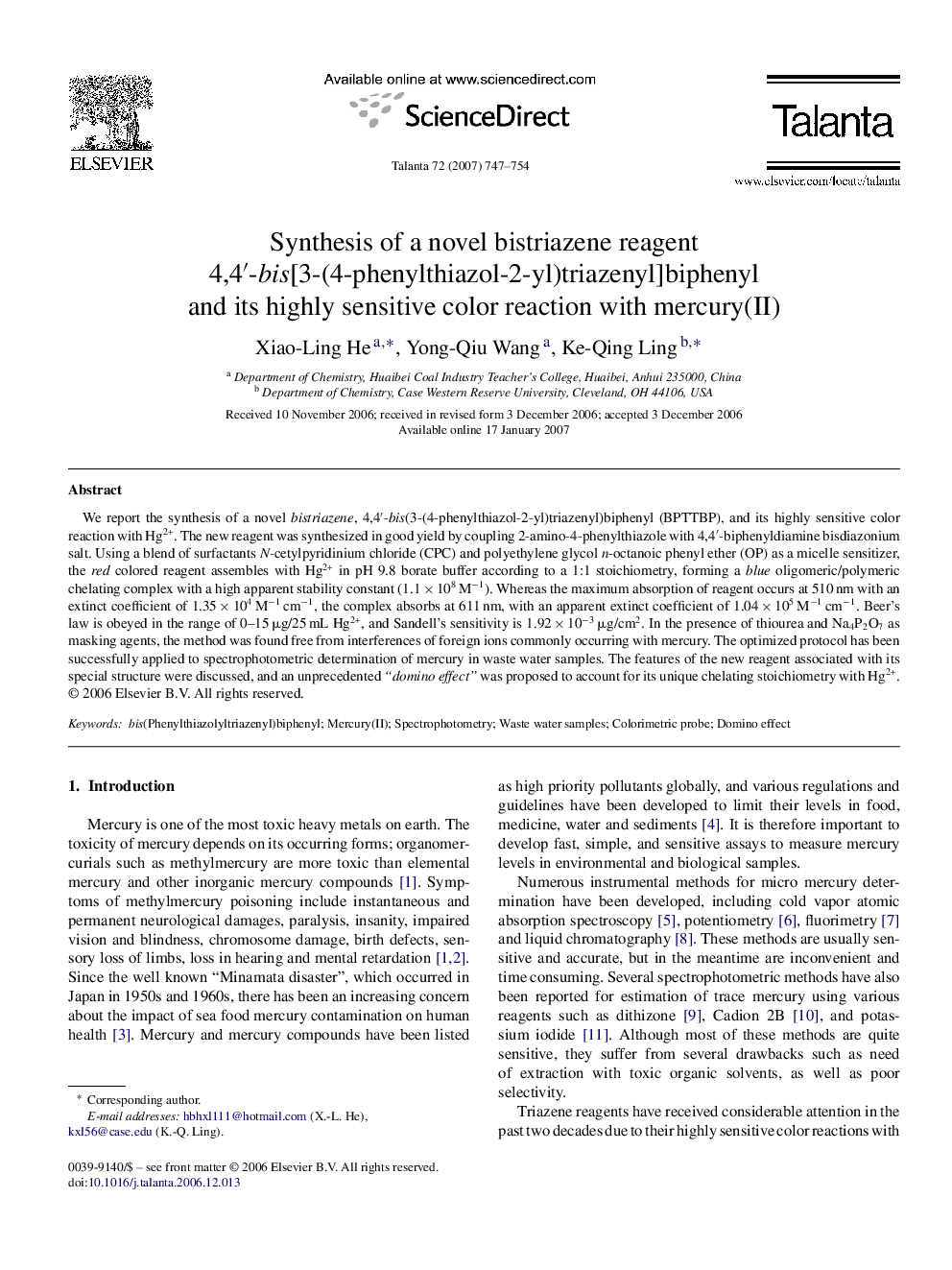 Synthesis of a novel bistriazene reagent 4,4′-bis[3-(4-phenylthiazol-2-yl)triazenyl]biphenyl and its highly sensitive color reaction with mercury(II)