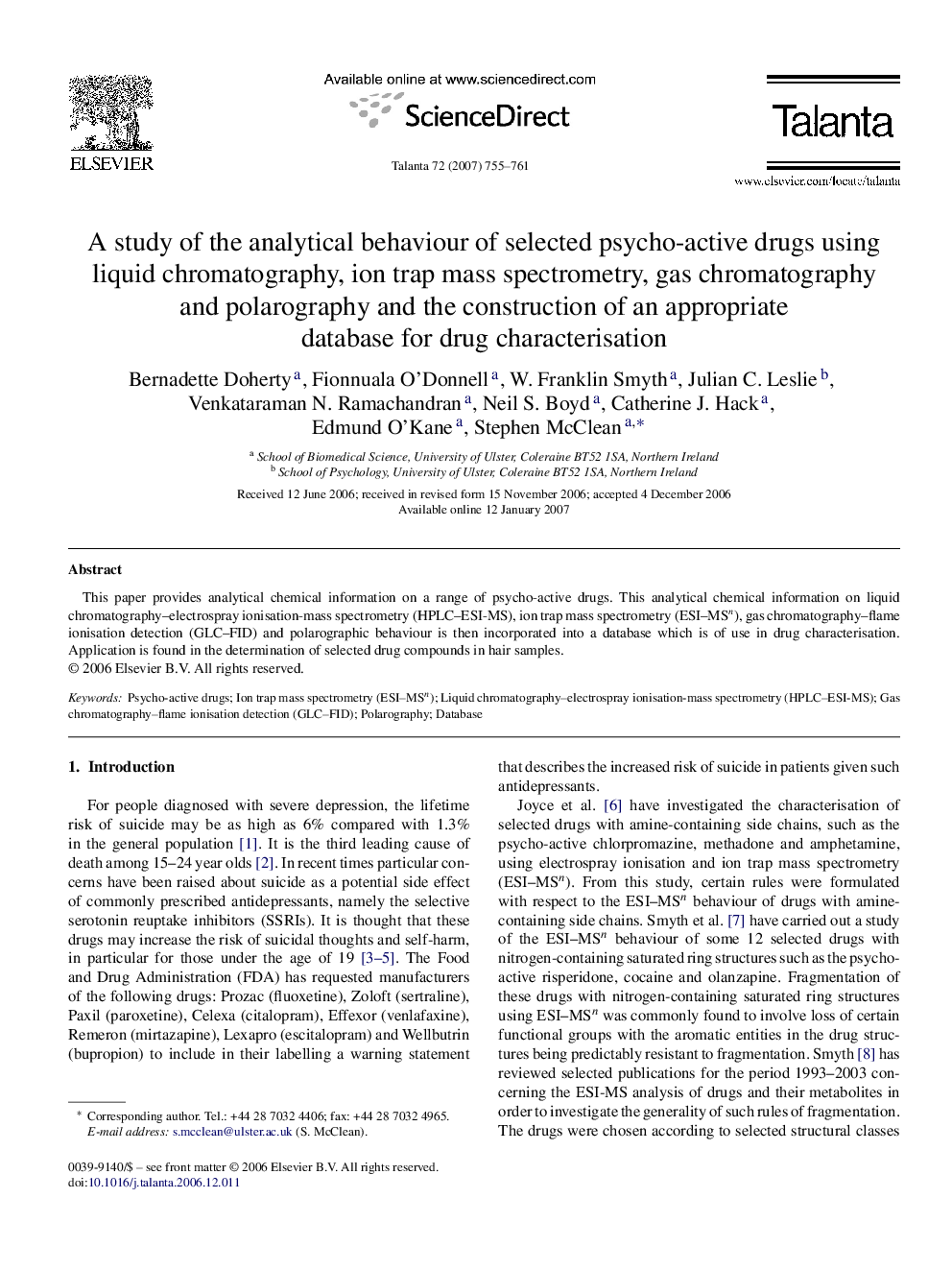 A study of the analytical behaviour of selected psycho-active drugs using liquid chromatography, ion trap mass spectrometry, gas chromatography and polarography and the construction of an appropriate database for drug characterisation