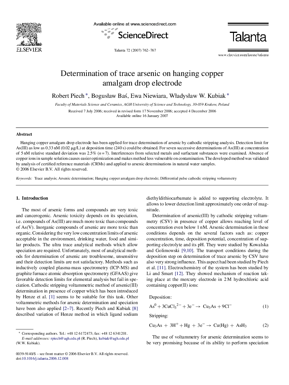 Determination of trace arsenic on hanging copper amalgam drop electrode