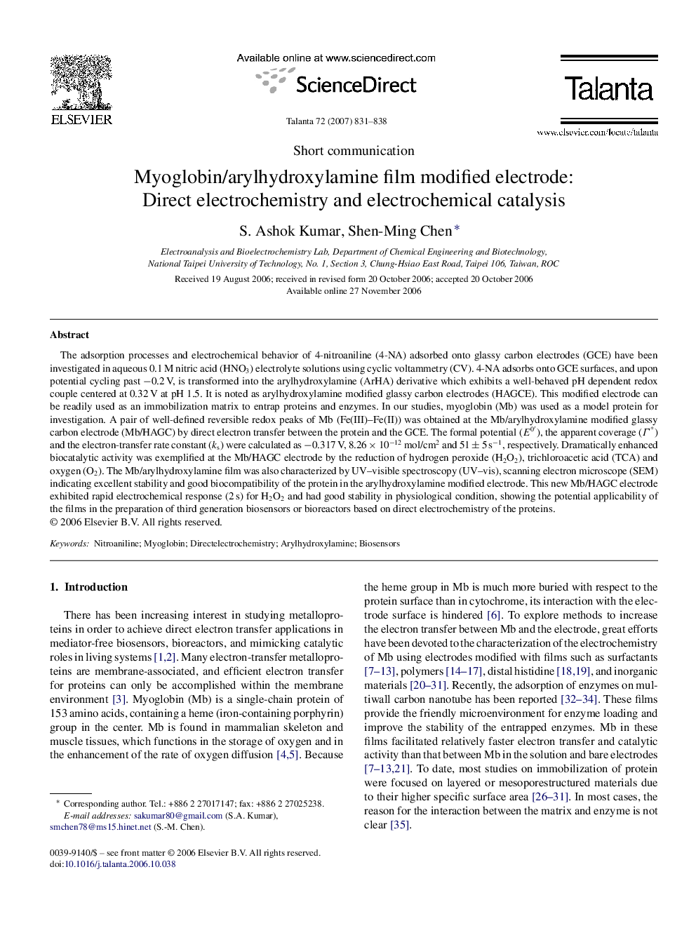 Myoglobin/arylhydroxylamine film modified electrode: Direct electrochemistry and electrochemical catalysis