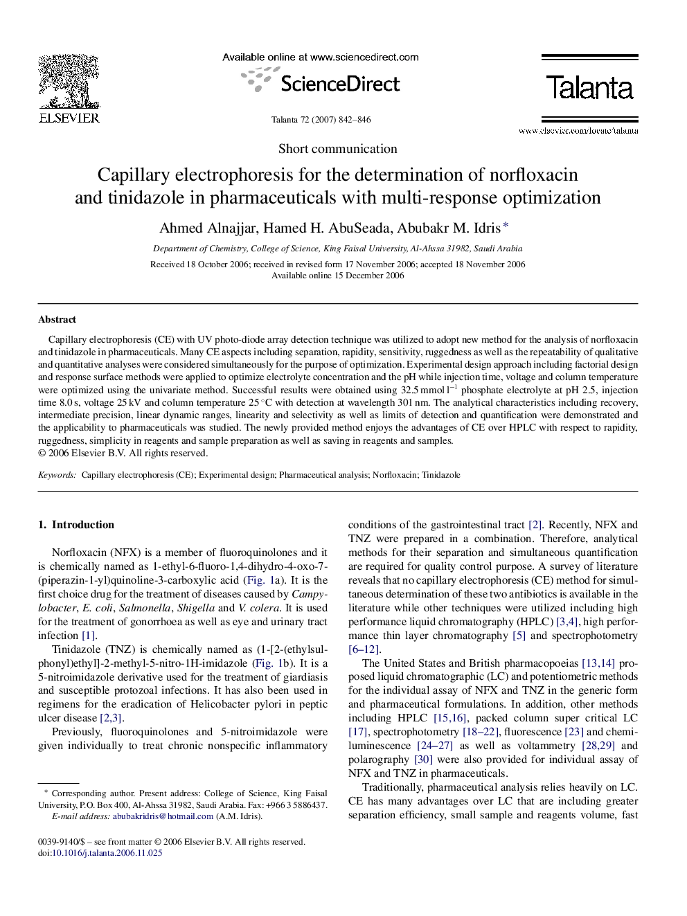 Capillary electrophoresis for the determination of norfloxacin and tinidazole in pharmaceuticals with multi-response optimization