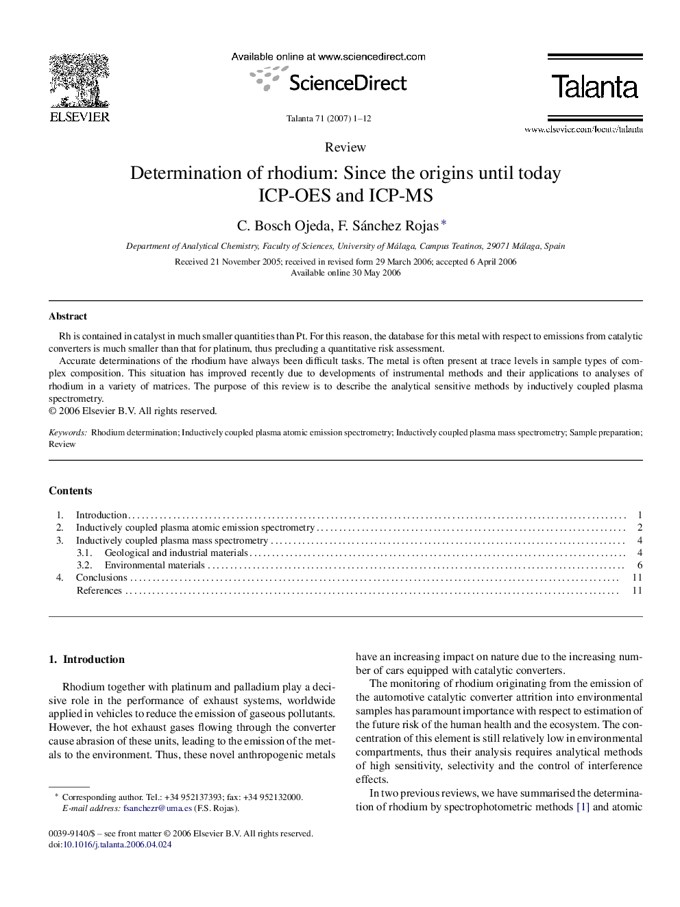 Determination of rhodium: Since the origins until today: ICP-OES and ICP-MS