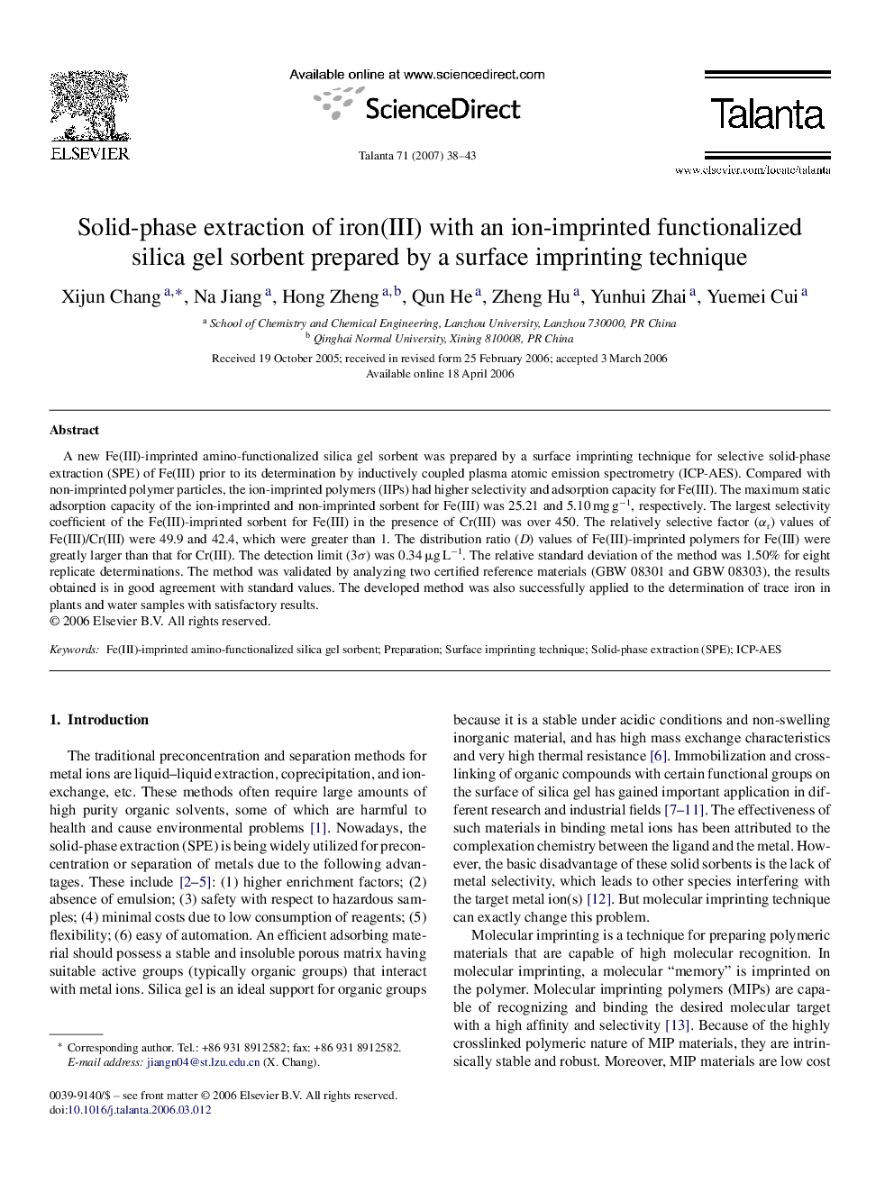 Solid-phase extraction of iron(III) with an ion-imprinted functionalized silica gel sorbent prepared by a surface imprinting technique