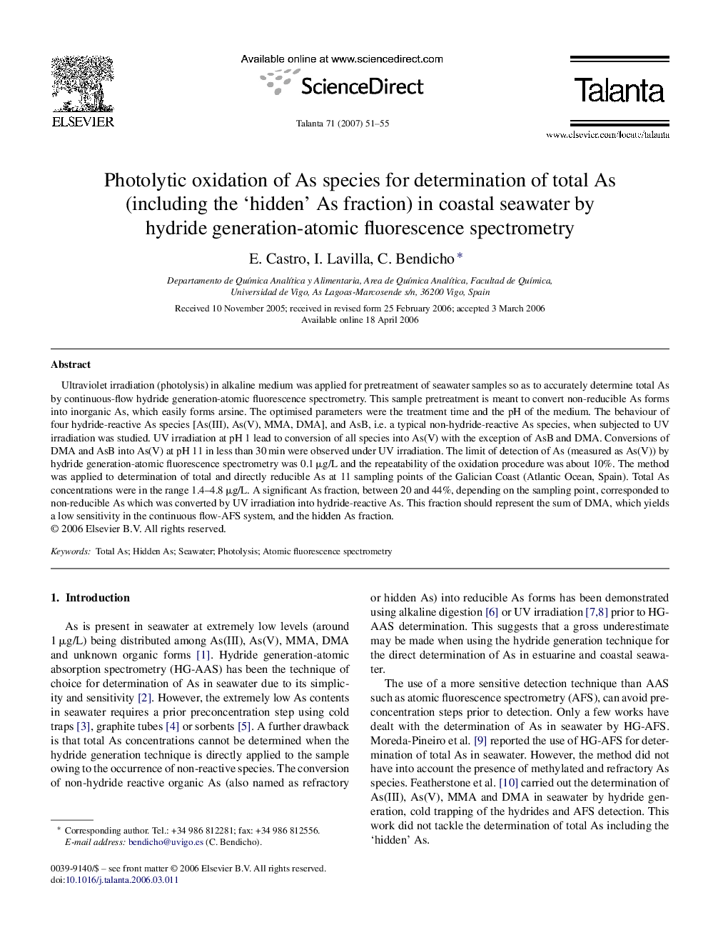 Photolytic oxidation of As species for determination of total As (including the 'hidden' As fraction) in coastal seawater by hydride generation-atomic fluorescence spectrometry