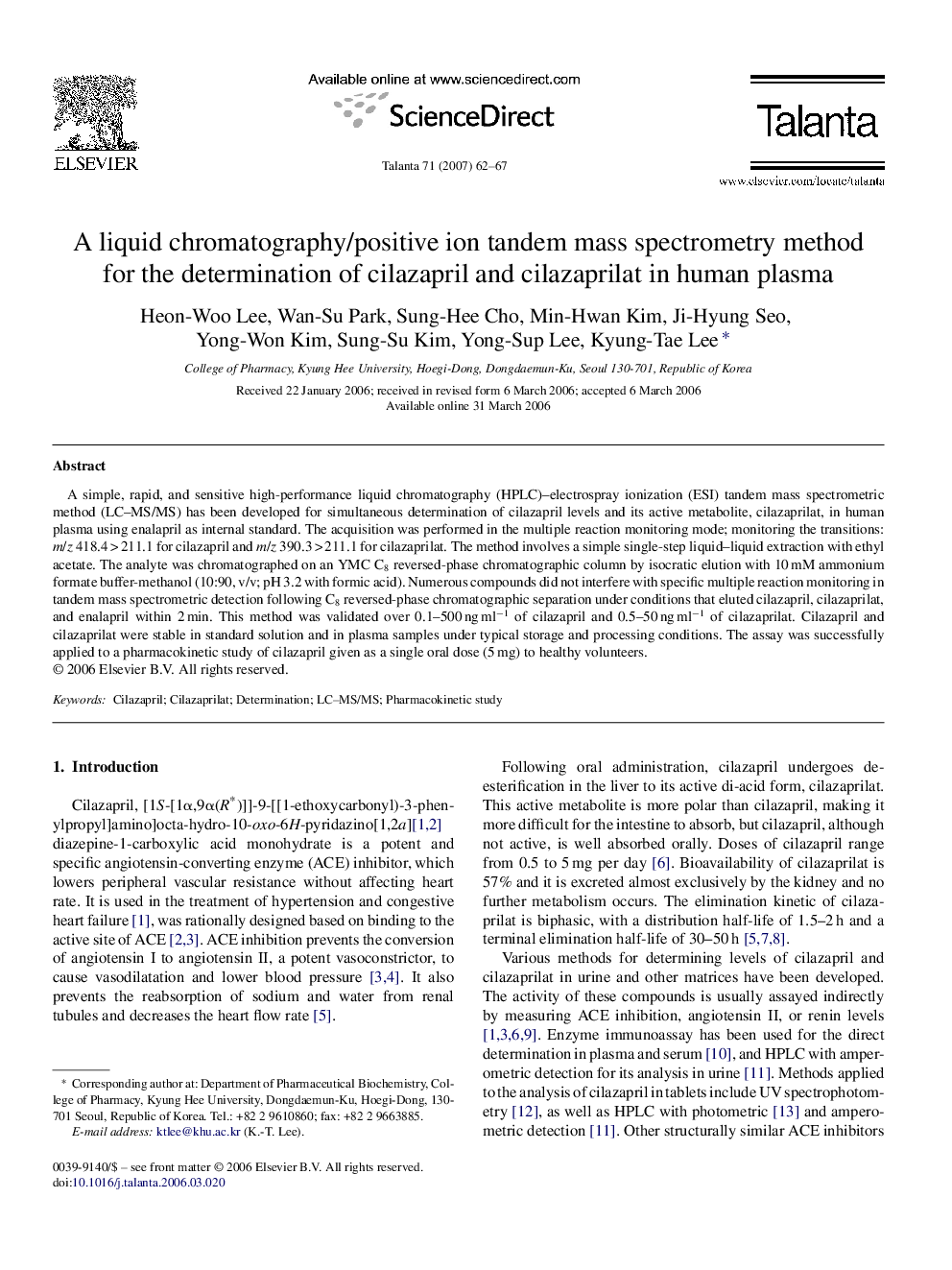 A liquid chromatography/positive ion tandem mass spectrometry method for the determination of cilazapril and cilazaprilat in human plasma