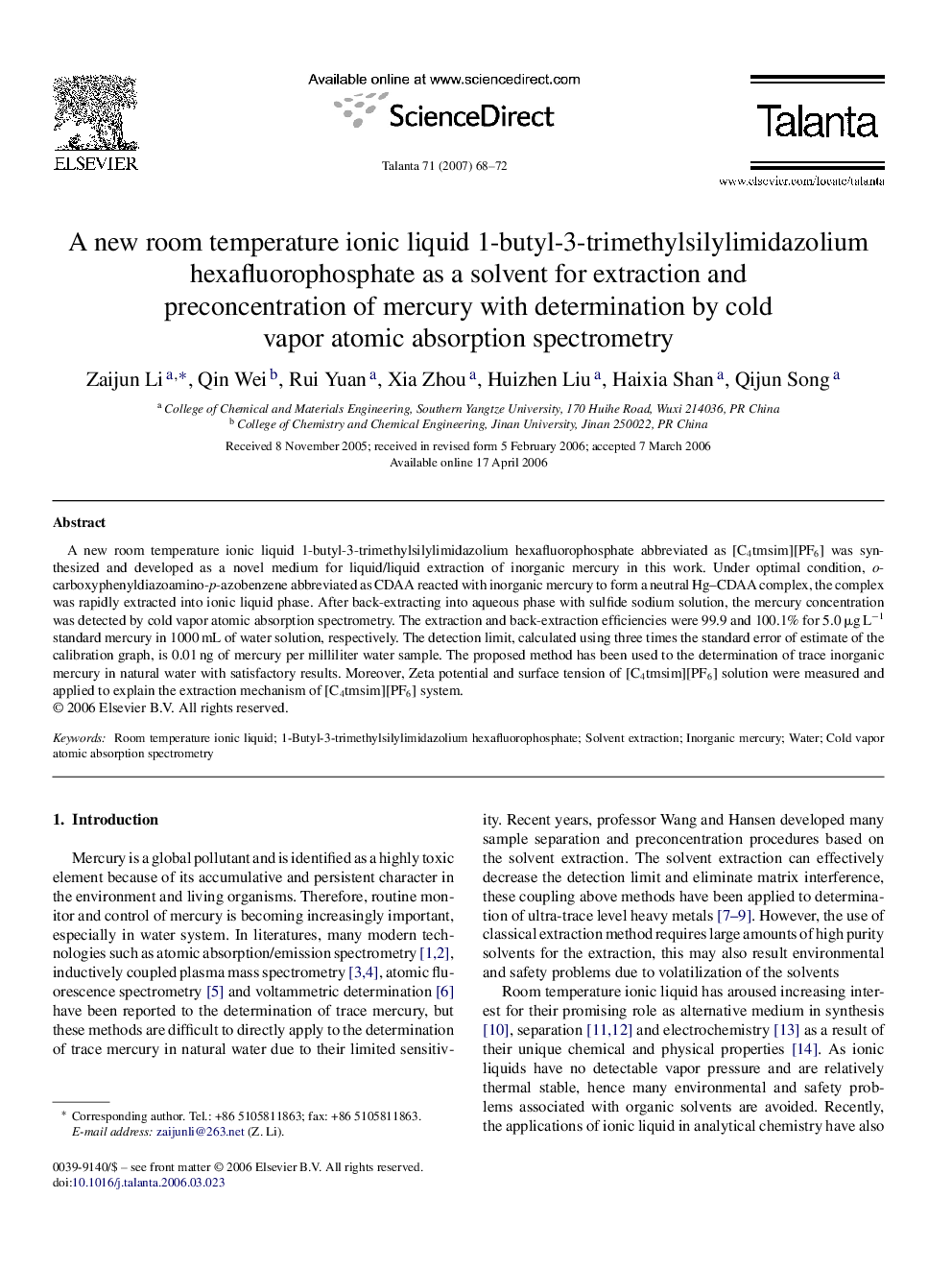 A new room temperature ionic liquid 1-butyl-3-trimethylsilylimidazolium hexafluorophosphate as a solvent for extraction and preconcentration of mercury with determination by cold vapor atomic absorption spectrometry