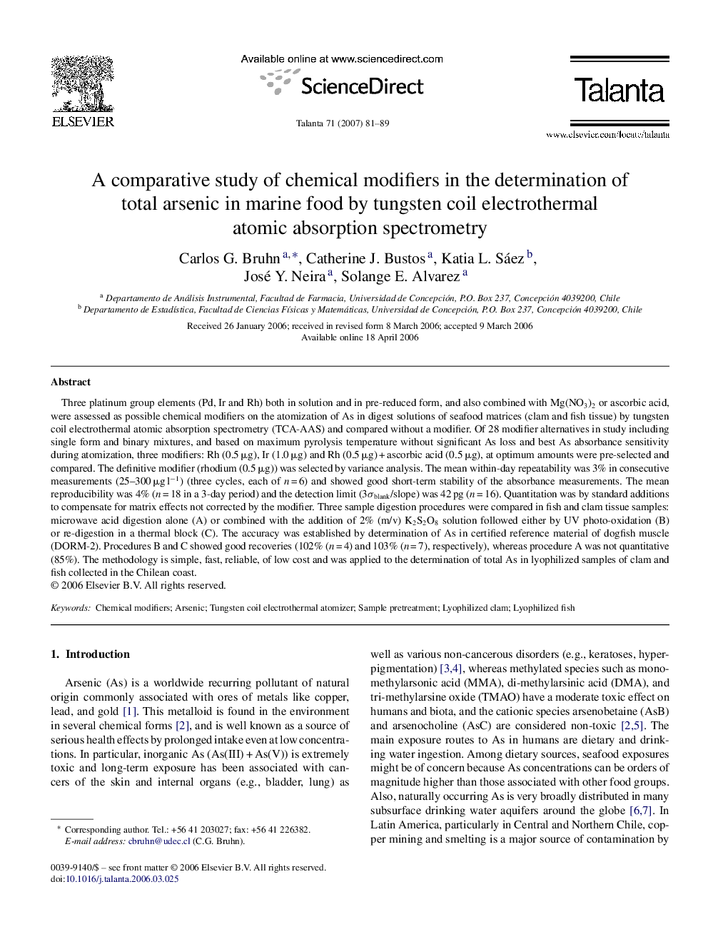 A comparative study of chemical modifiers in the determination of total arsenic in marine food by tungsten coil electrothermal atomic absorption spectrometry