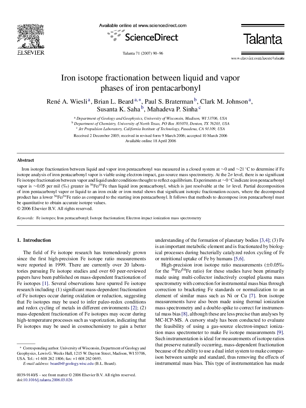 Iron isotope fractionation between liquid and vapor phases of iron pentacarbonyl