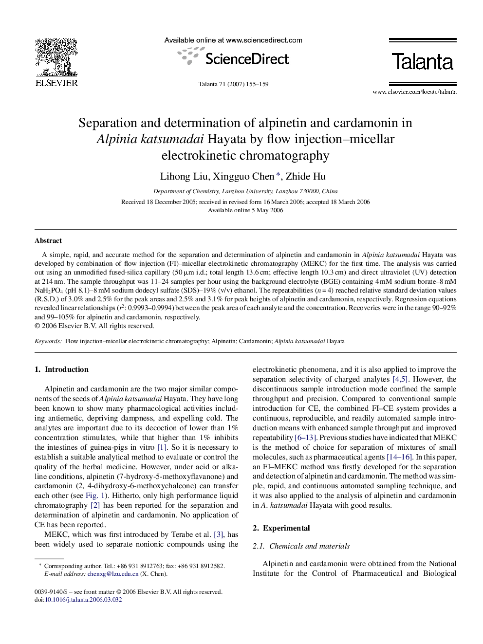 Separation and determination of alpinetin and cardamonin in Alpinia katsumadai Hayata by flow injection–micellar electrokinetic chromatography