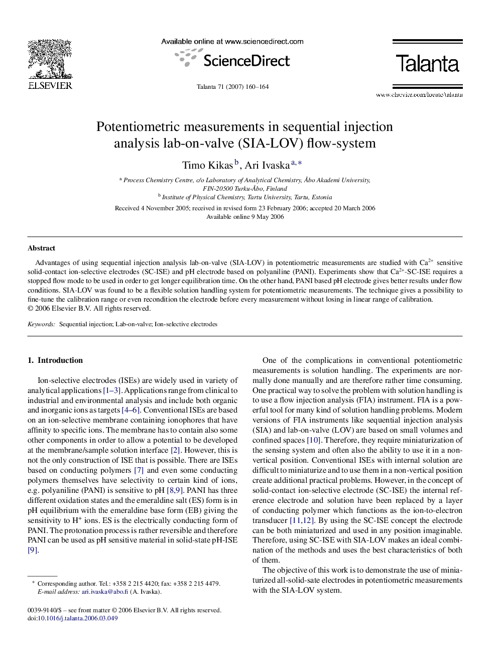 Potentiometric measurements in sequential injection analysis lab-on-valve (SIA-LOV) flow-system