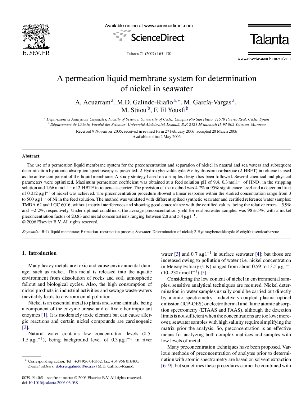 A permeation liquid membrane system for determination of nickel in seawater