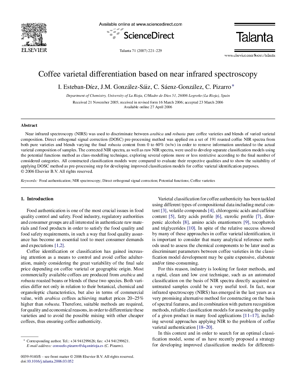 Coffee varietal differentiation based on near infrared spectroscopy