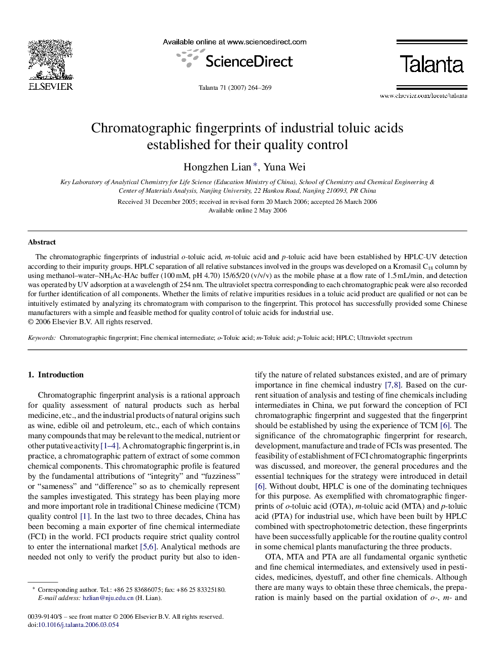 Chromatographic fingerprints of industrial toluic acids established for their quality control