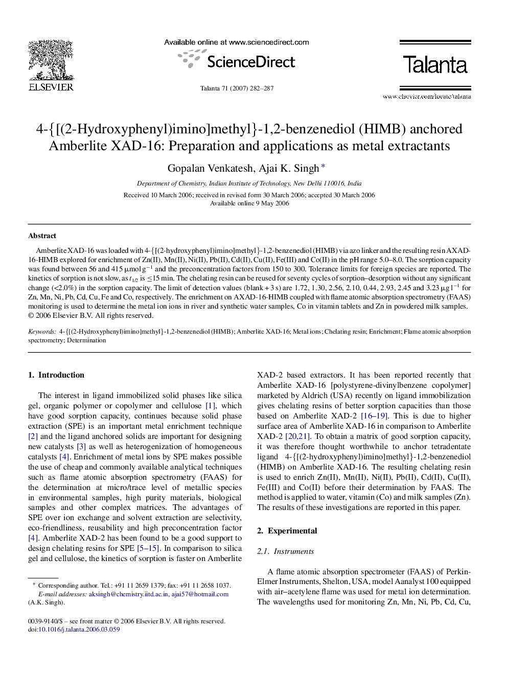 4-{[(2-Hydroxyphenyl)imino]methyl}-1,2-benzenediol (HIMB) anchored Amberlite XAD-16: Preparation and applications as metal extractants