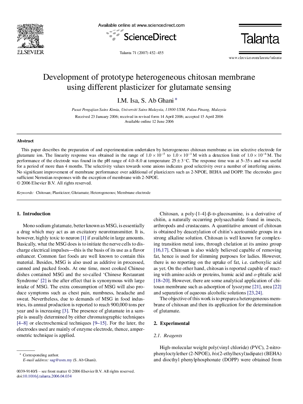 Development of prototype heterogeneous chitosan membrane using different plasticizer for glutamate sensing