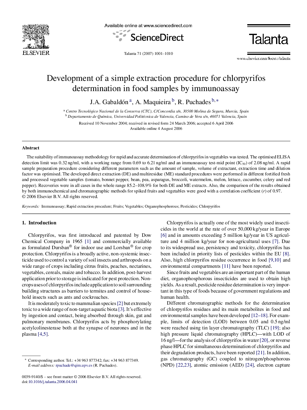 Development of a simple extraction procedure for chlorpyrifos determination in food samples by immunoassay